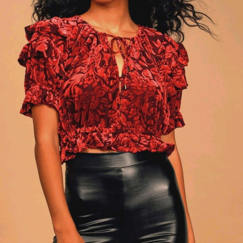 Free People Velveteen Dreams Red Combo Floral Puff Sleeve Blouse Size Medium